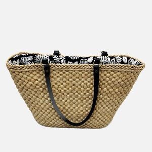 Ann Taylor Tan Woven Straw Medium Tote Bag with Black  White Lining Black Strap
